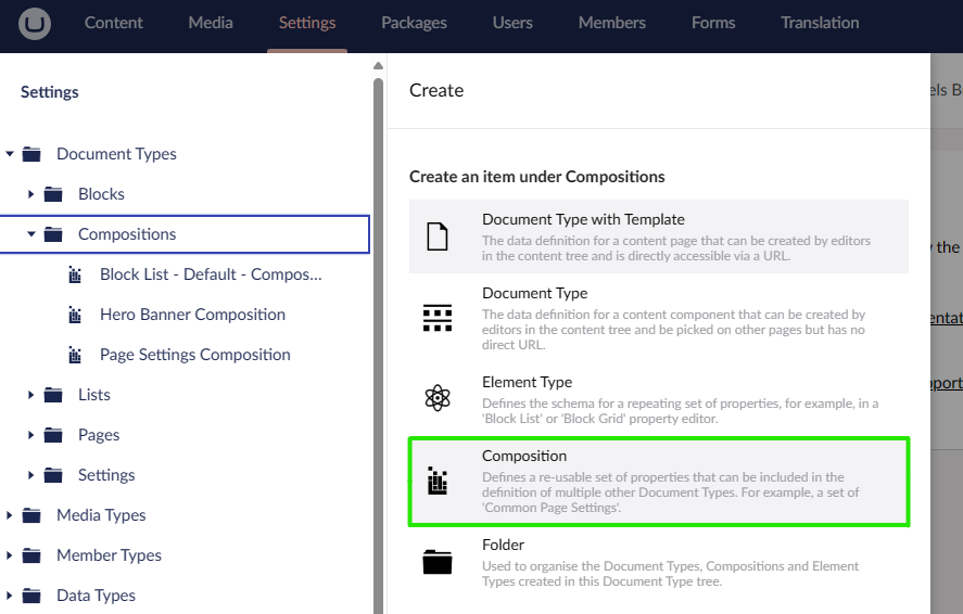 Screenshot of the Umbraco Backoffice, showing the "Create DocType" menu with options for creating "Document Type with Template", "Document Type", "Element Type", "Composition", and "Folder". The "Composition" option is highlighted.