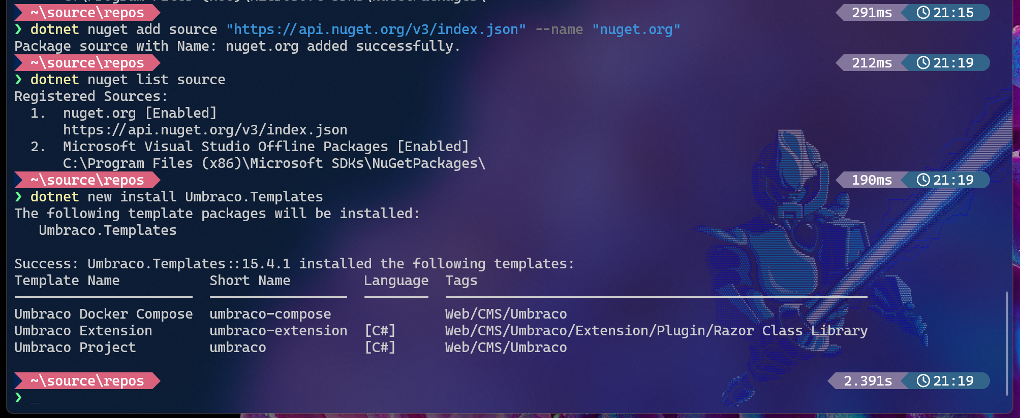 Terminal window showing .NET CLI commands. The user adds the NuGet source, lists available sources, and installs Umbraco.Templates. The installation succeeds, adding three templates: Umbraco Docker Compose, Umbraco Extension, and Umbraco Project. Each template lists a short name, language (C#), and tags. The terminal has a dark theme with a sci-fi background featuring a character holding a glowing sword.