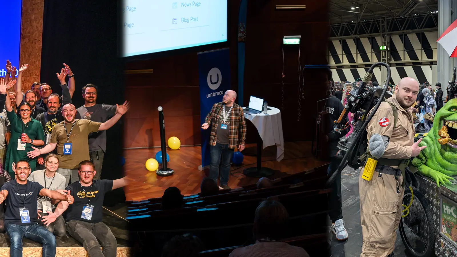 A collage of Owain in three different settings. On the left, Owain is on stage at Codegarden, surrounded by fellow Umbraco MVPs, all smiling and celebrating together. In the middle, Owain is giving a talk at the Umbracokalaset Conference in Sweden, standing in a large auditorium, focused on presenting. On the right, Owain is dressed as a Ghostbuster at Comic Con, posing next to a life-sized Slimer model from Ghostbusters, with a playful and fun atmosphere around.