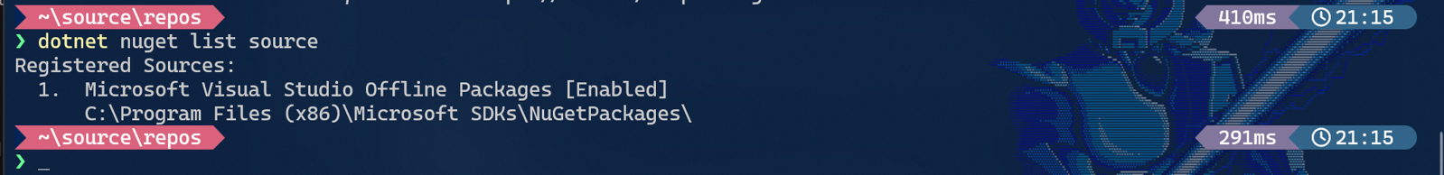 Terminal window showing the output of the command dotnet nuget list source. Only one registered source is listed: “Microsoft Visual Studio Offline Packages [Enabled]” with the path to the local NuGetPackages directory. The terminal uses a dark theme with a sci-fi character and glowing sword in the background. Execution times and timestamps are shown on the right.